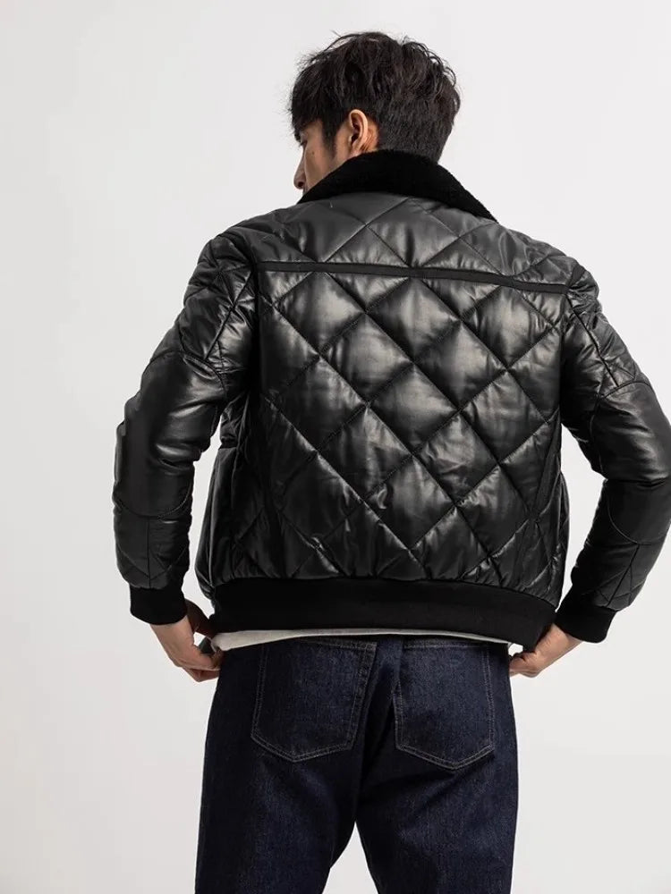 Veste homme en cuir de mouton noir à col rabattu – CLEVI Paris