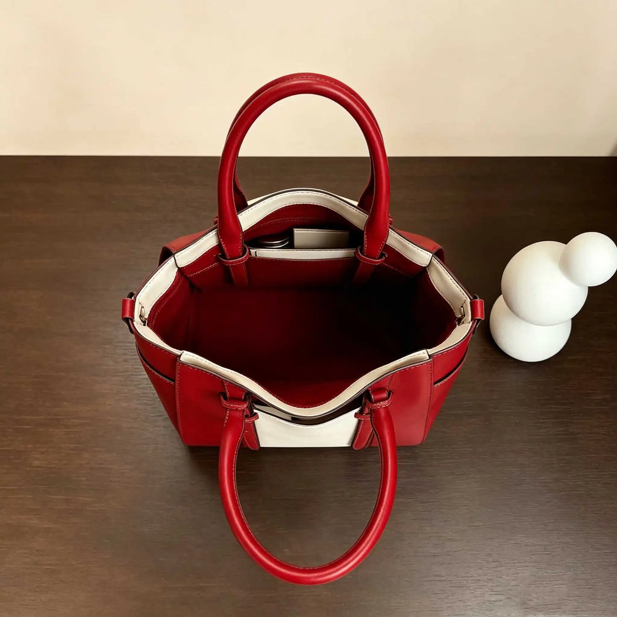 Sac Cabas Femme Cuir Véritable Léger Beige & Rouge – CLEVI Paris