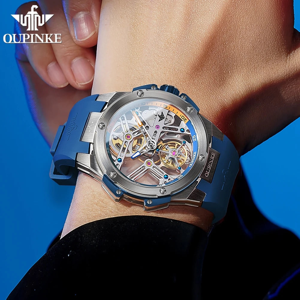 OUPINKE 8003 Montre Homme Tourbillon Automatique Saphir Silicone Bicolore 5ATM – CLEVI Paris