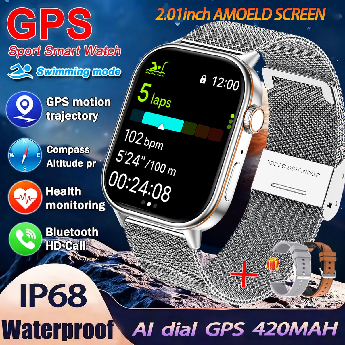 Montre GPS QX17 AMOLED 2,01″ sport – CLEVI Paris