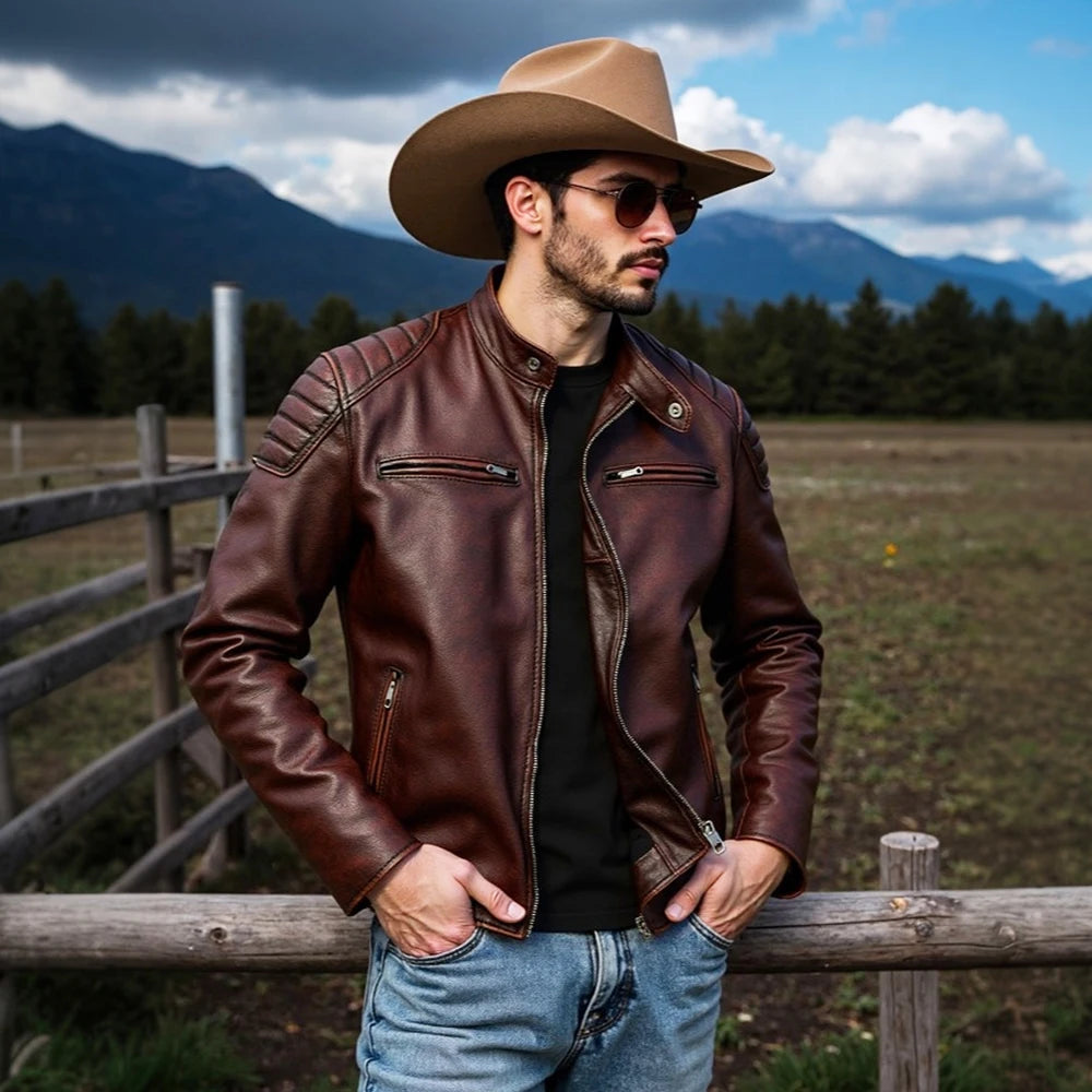 Blouson homme en cuir de vache, col montant – CLEVI Paris