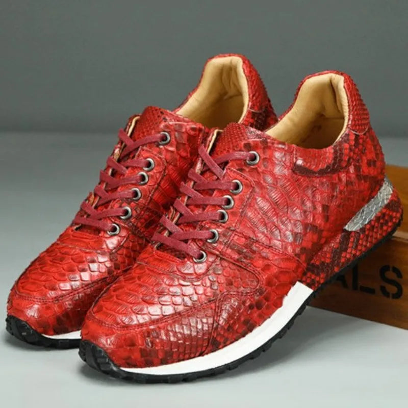 Sneakers Homme Cuir Snakeskin Lacets Plateforme Rouge – CLEVI Paris