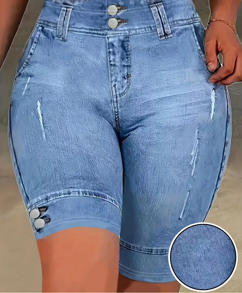 Short Effet Legging Femme Imprimé Jean Taille Haute Stretch Casual – CLEVI Paris