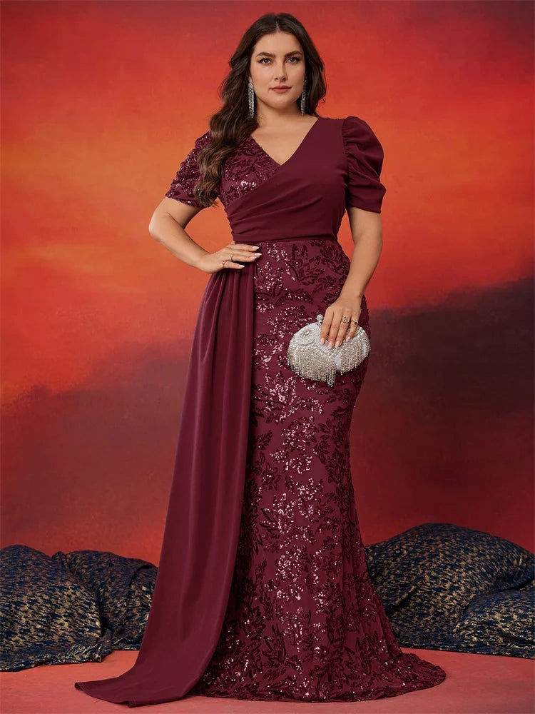Robe de soirée sirène paillettes manches courtes – CLEVI Paris