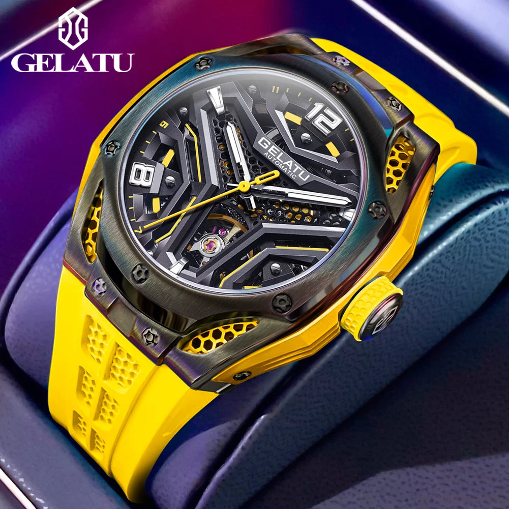 GELATU Montre Automatique Homme Squelette Tonneau Saphir Silicone Étanche 5ATM – CLEVI Paris