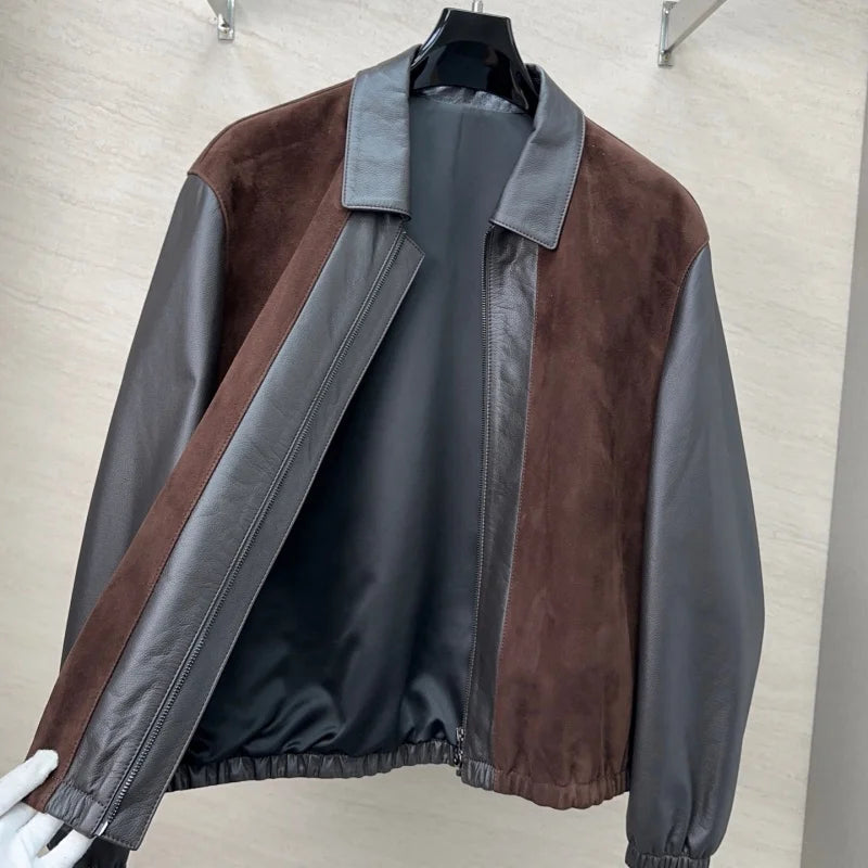 Blouson homme en cuir bicolore marron et gris – CLEVI Paris