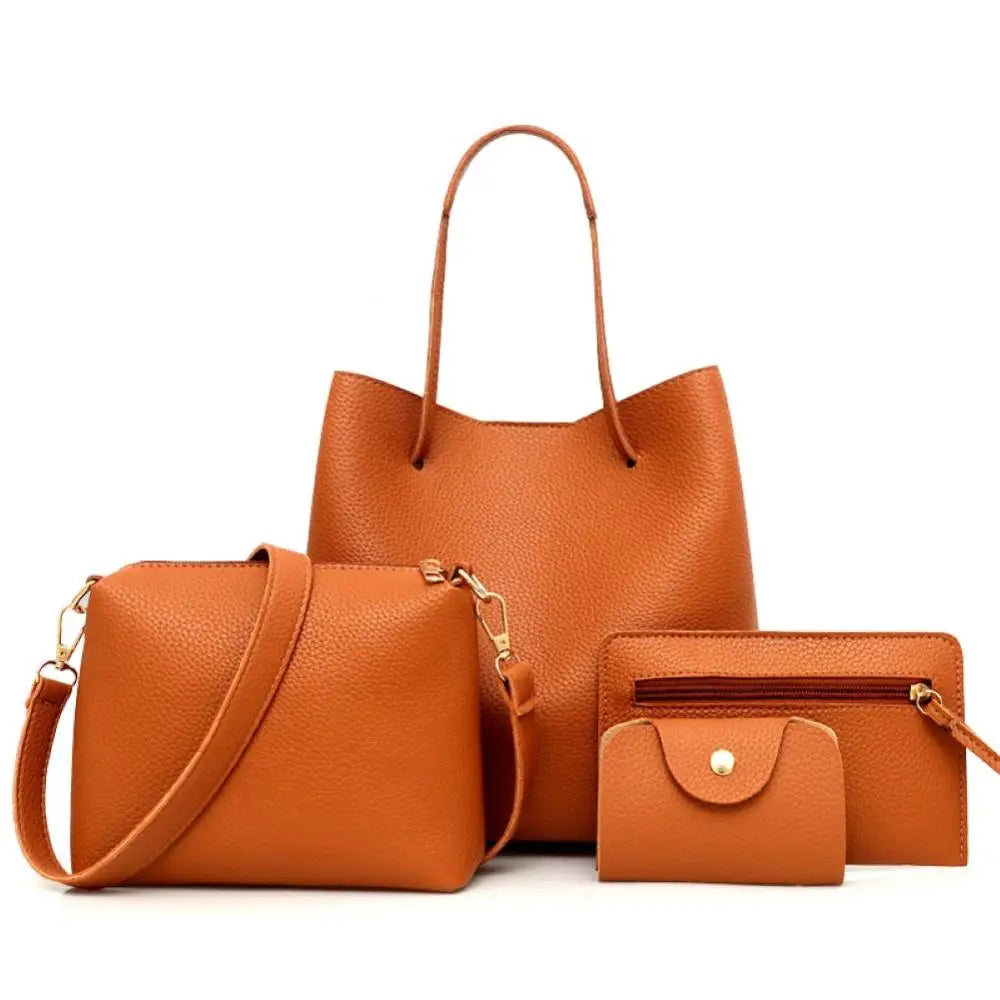 Coffret 4 Pièces Femme PU Texture Litchi Tote + Épaule + Pochette – CLEVI Paris