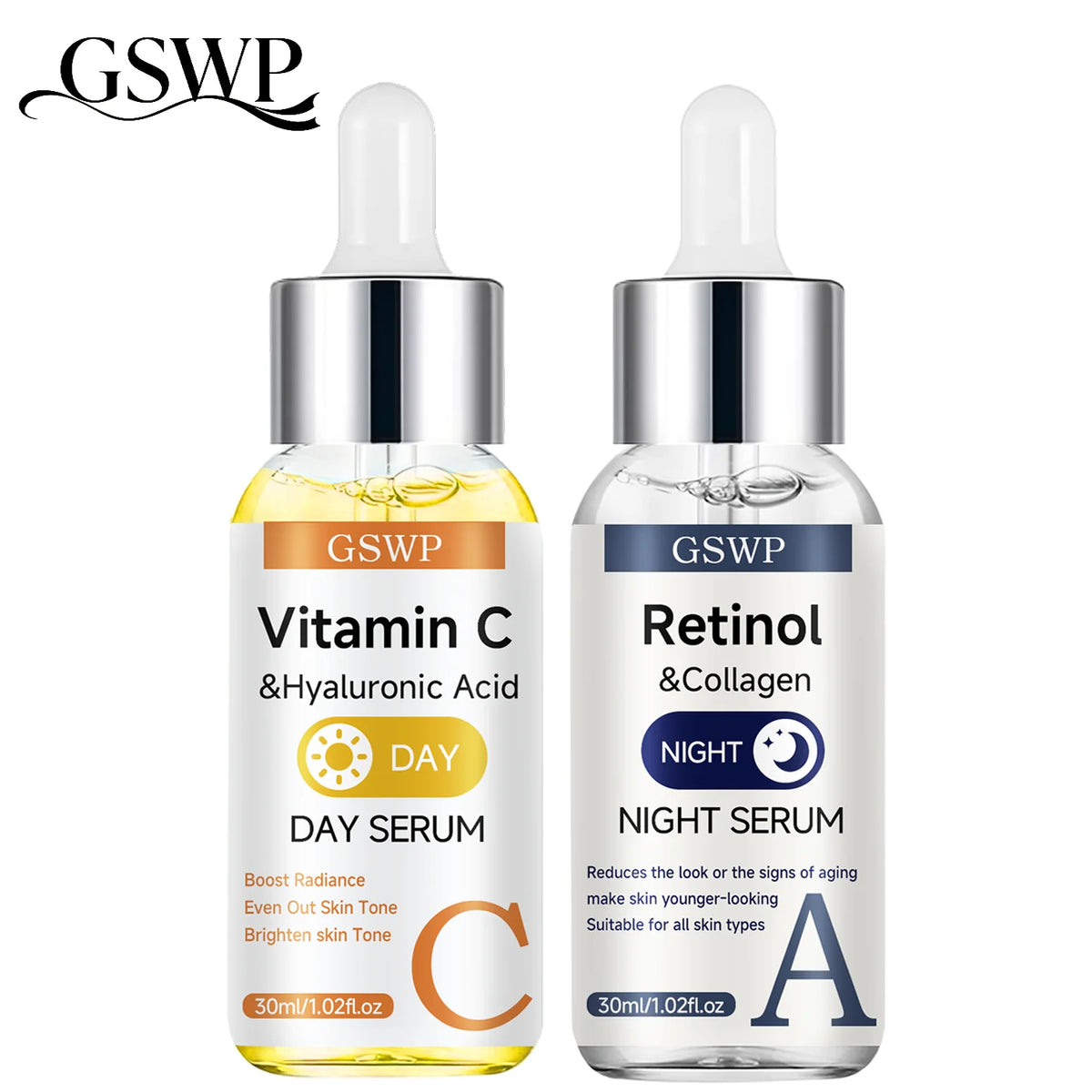 Sérum Jour & Nuit GSWP – Vitamine C, Rétinol & Acide Hyaluronique – Hydratant, Raffermissant & Éclaircissant – CLEVI Paris