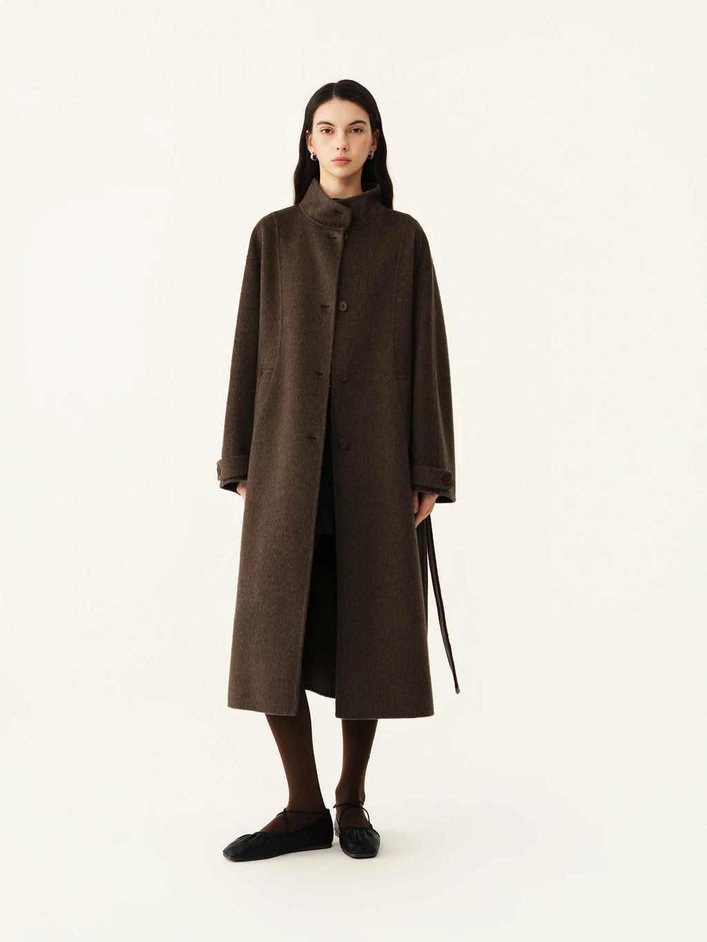 Manteau long en laine à col montant femme – CLEVI Paris