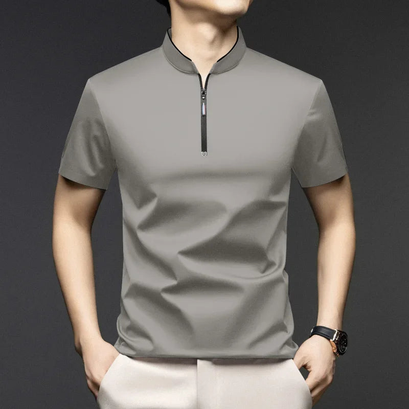 Polo Homme Casual Zip Col Montant Manches Courtes Uni Anti-Froissage S-4XL – CLEVI Paris
