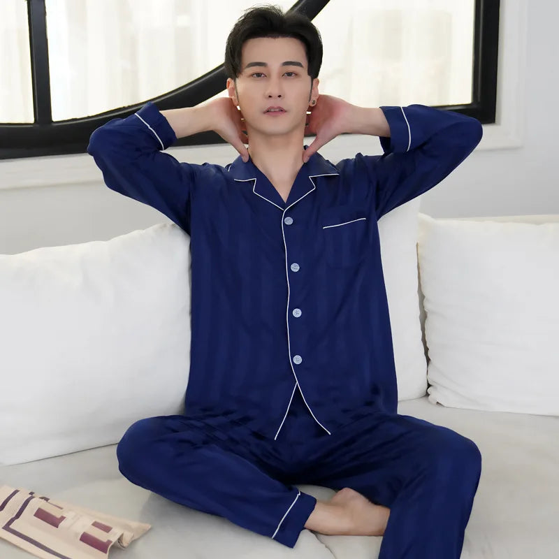Pyjama Homme 2 Pièces Soie de Glace Satin Col Rabattu Manches Longues Style Luxe Imprimé Printemps Été – CLEVI Paris