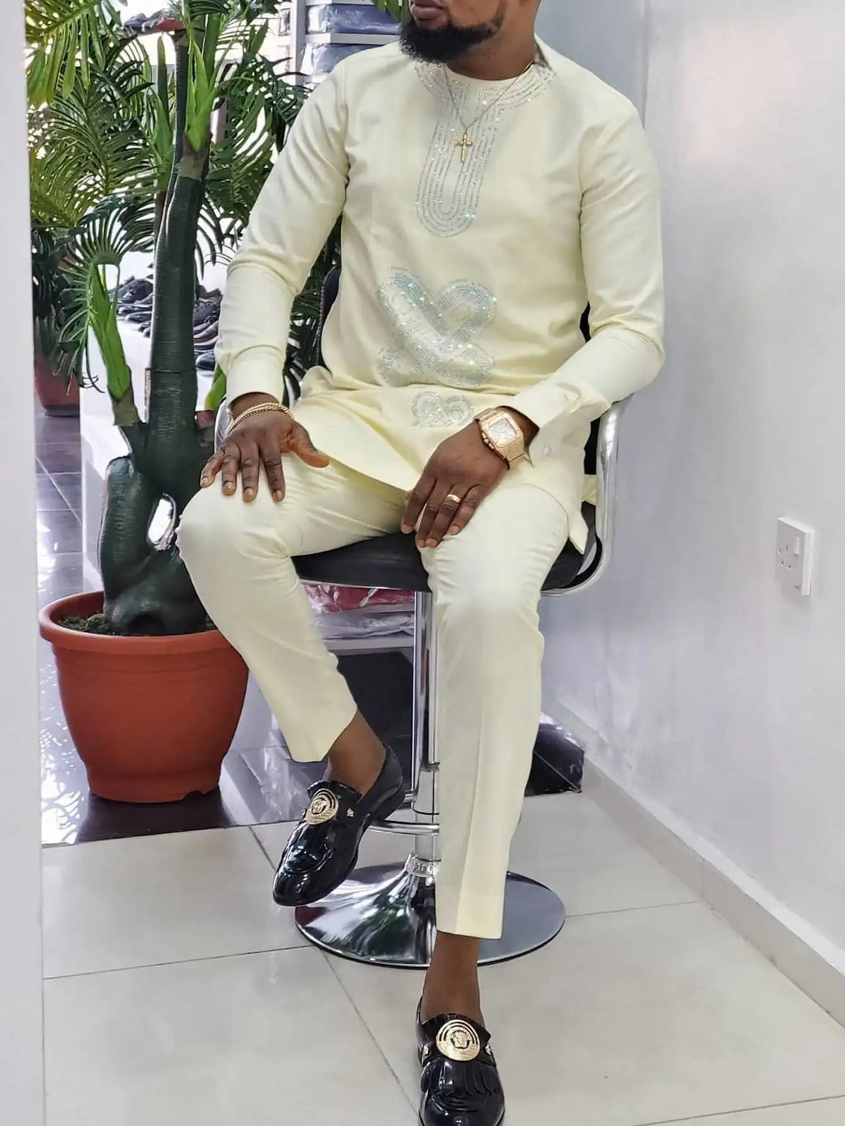 Kaftan Dashiki Homme 2 Pièces Brodé Manches Longues Col Rond + Pantalon Élastique Style Africain Mariage Fête M-4XL – CLEVI Paris