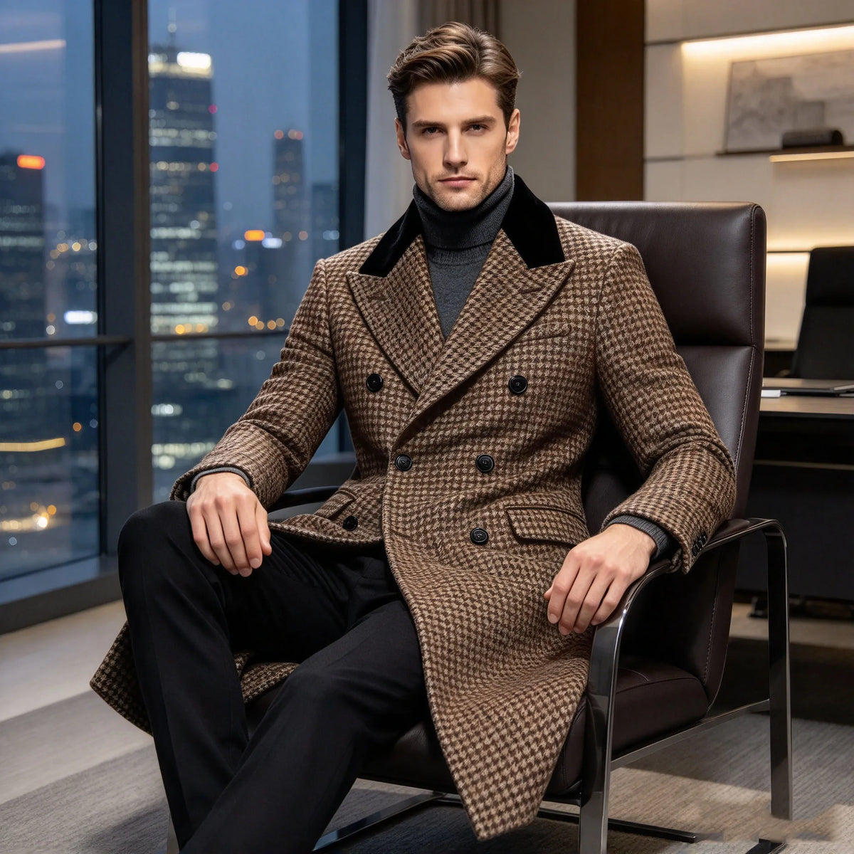 Manteau long homme pied-de-poule croisé – CLEVI Paris