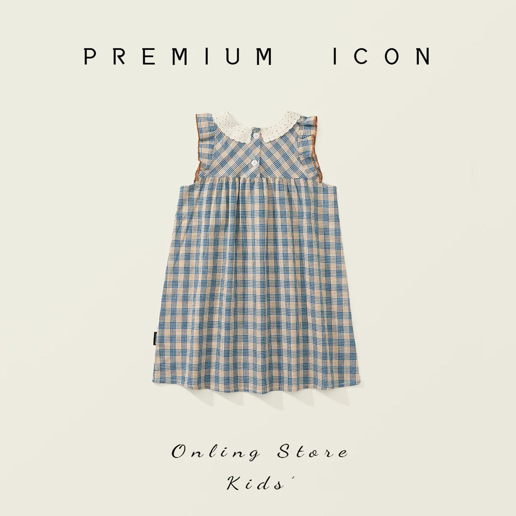 Robe fille bleue à carreaux et col Claudine – CLEVI Paris