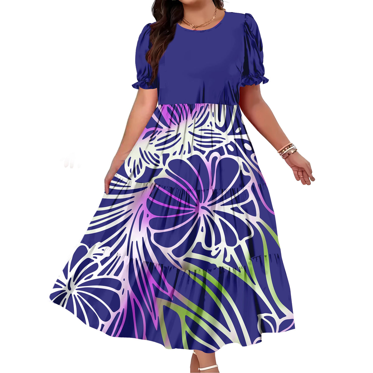 Robe Femme Longue Imprimé Polynésien Manches Bouffantes Ample Élégante – CLEVI Paris