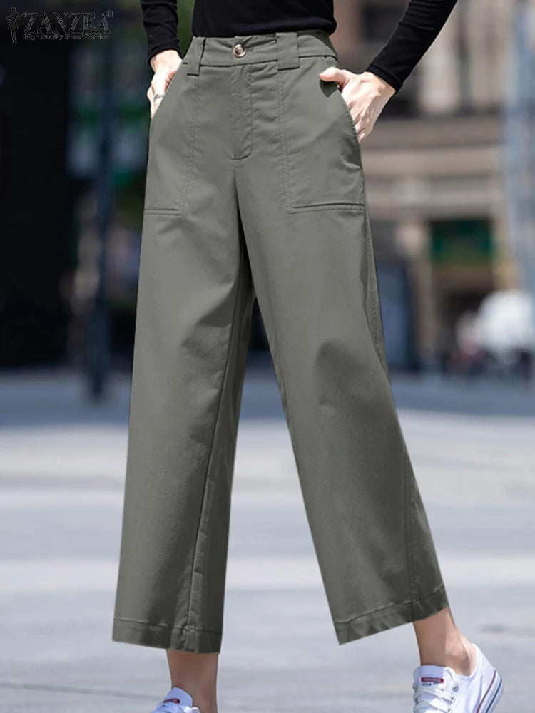 Pantalon Femme Taille Haute Jambe Large Uni Poches Style Casual Toutes Saisons – CLEVI Paris
