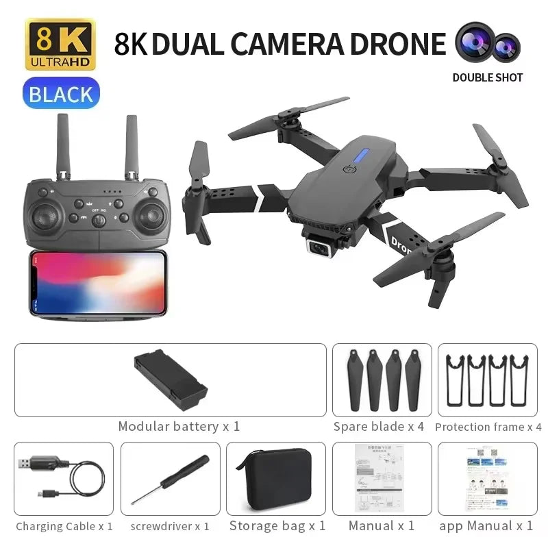 Drone E88 Pro 8K avec Écran Télécommande – Double Caméra, Positionnement Optique, Brushless & 23 Min de Vol – CLEVI Paris