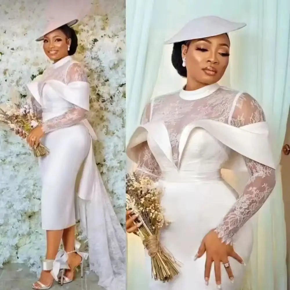 Robe de mariée en dentelle longueur thé – CLEVI Paris