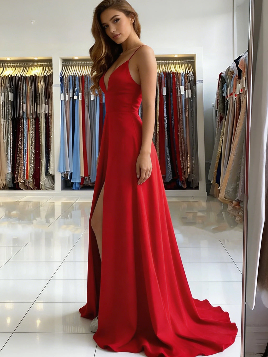 Robe de soirée longue col en V sans manches – CLEVI Paris