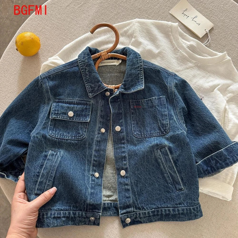 Veste enfant en denim bleu à boutons – CLEVI Paris