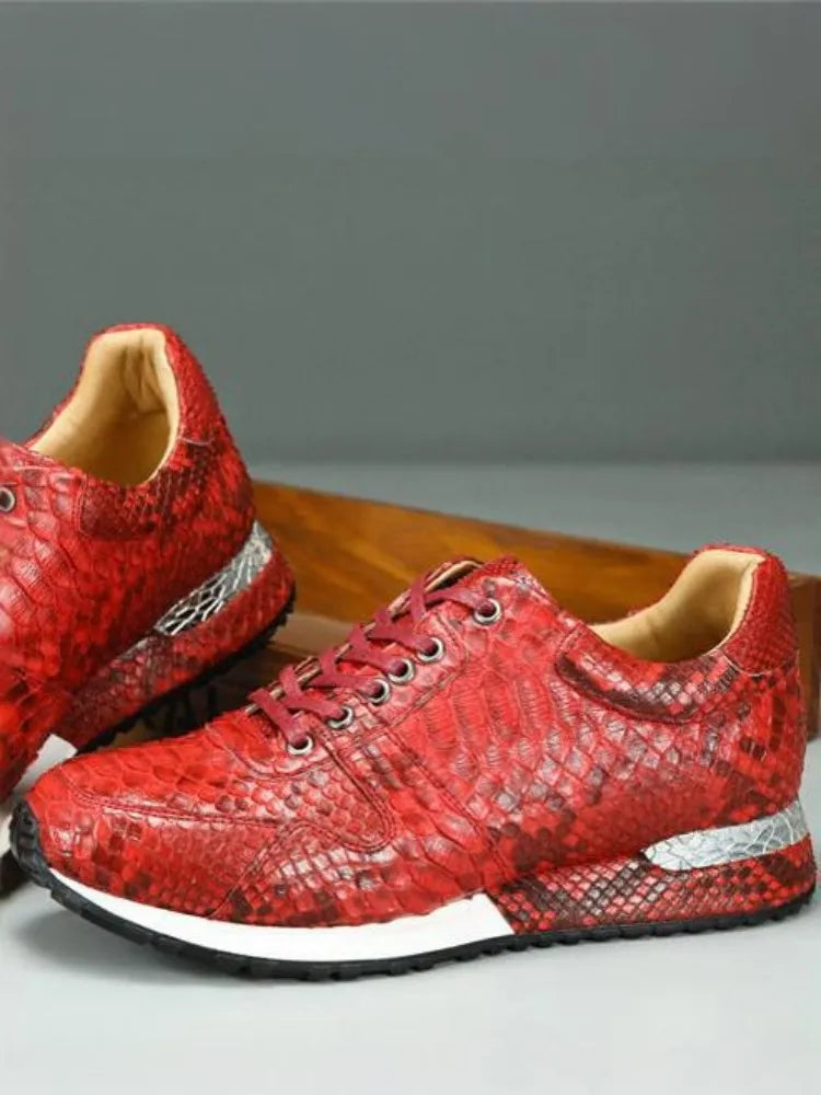 Sneakers Homme Cuir Snakeskin Lacets Plateforme Rouge – CLEVI Paris
