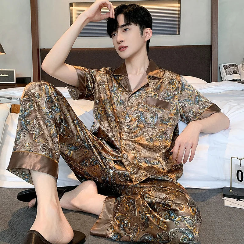 Pyjama Homme 2 Pièces Soie de Glace Satin Col Rabattu Manches Longues Style Luxe Imprimé Printemps Été – CLEVI Paris