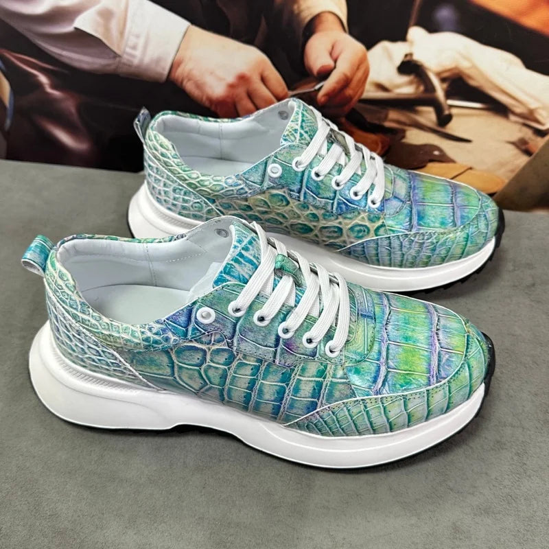 Sneakers Cuir Croco Bleu Peint Main Lacets Homme – CLEVI Paris