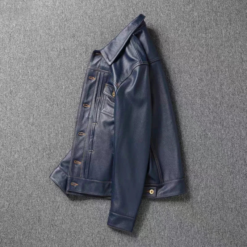 Veste homme en cuir de vache, col rond – CLEVI Paris