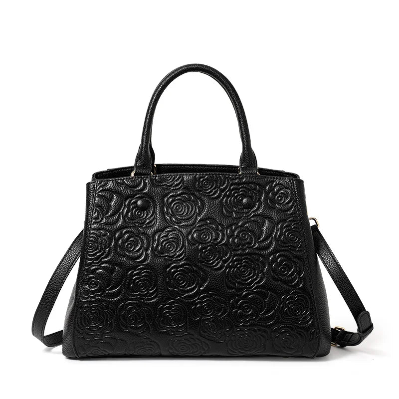 Sac Cabas Femme Cuir Véritable Roses 3D Gaufrées Noir – CLEVI Paris