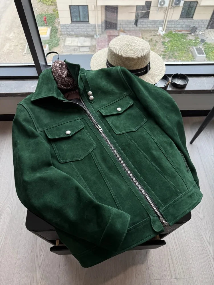 Blouson homme vert aspect daim à col rabattu – CLEVI Paris