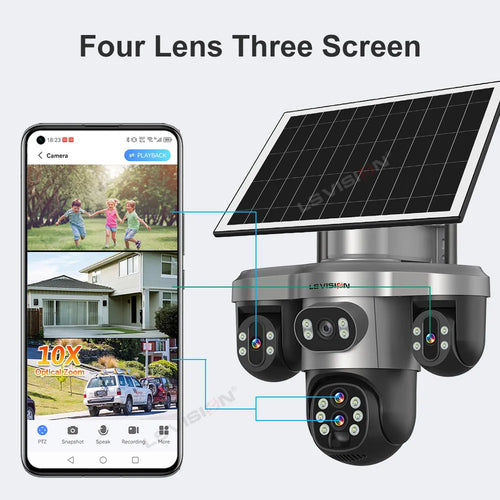 Caméra Solaire LS VISION 20MP 4 Objectifs 3 Écrans PTZ Zoom 10x 4G/Wi-Fi IP66 V380 Pro – CLEVI Paris