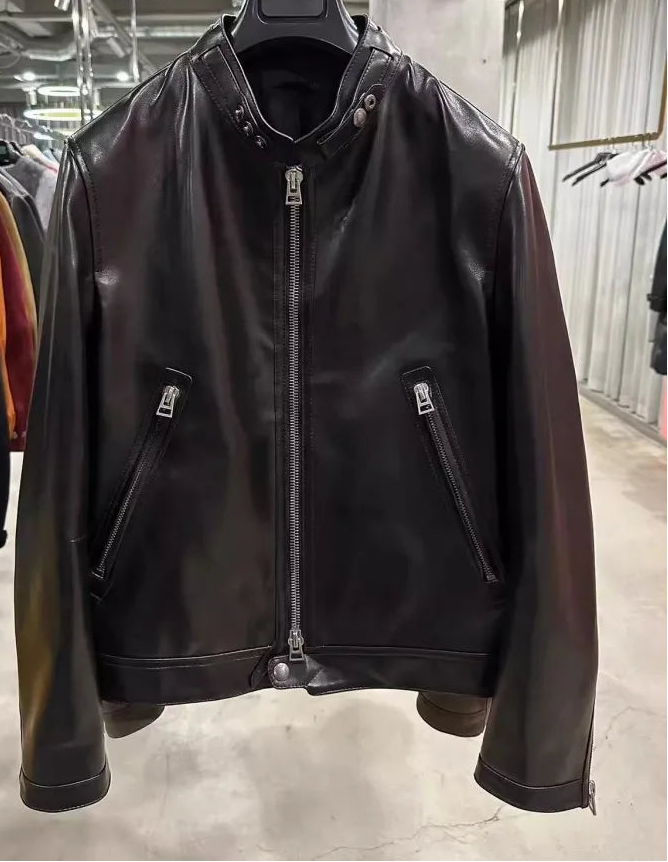 Veste homme en cuir à col montant zippée – CLEVI Paris