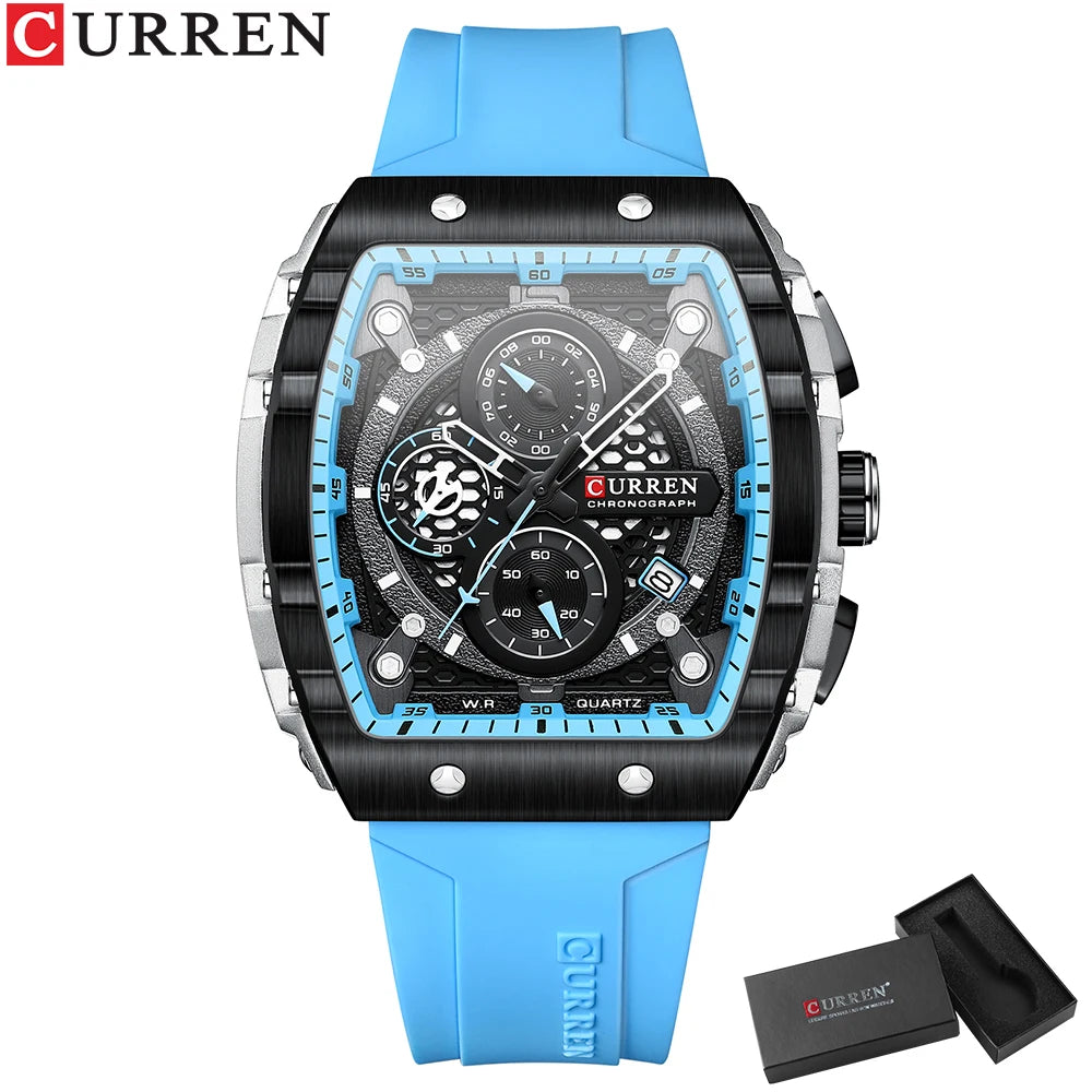 CURREN 8442 Montre Homme Quartz Carrée Chronographe Silicone Lumineux 30M – CLEVI Paris