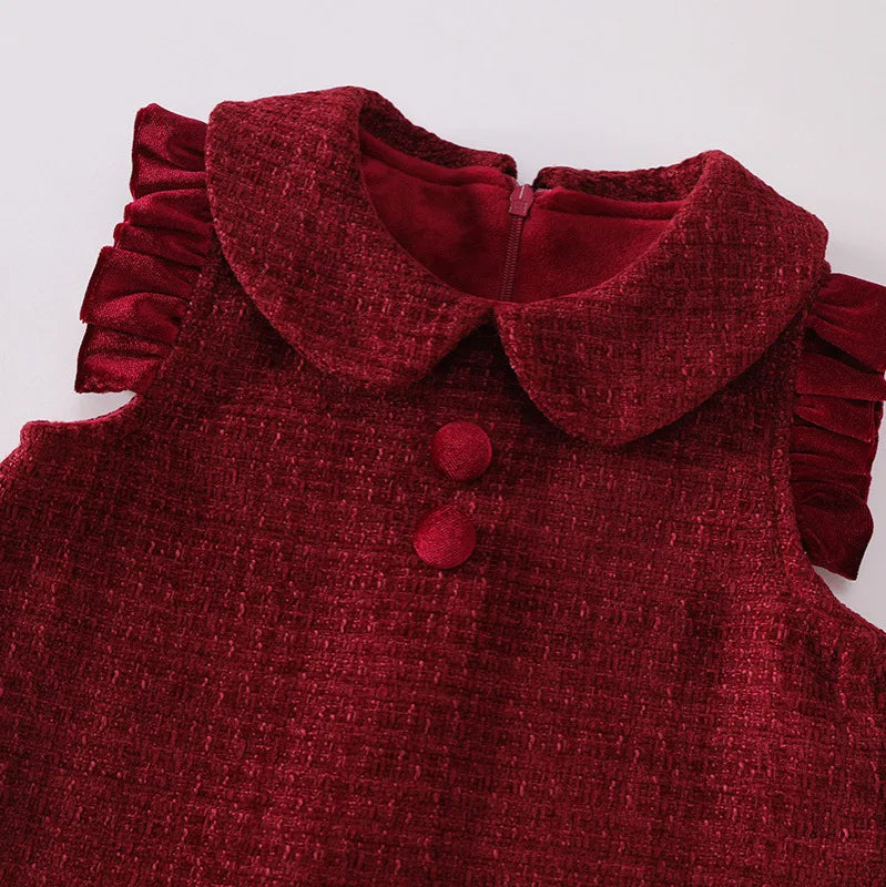 Robe fille rouge en velours à col Claudine – CLEVI Paris