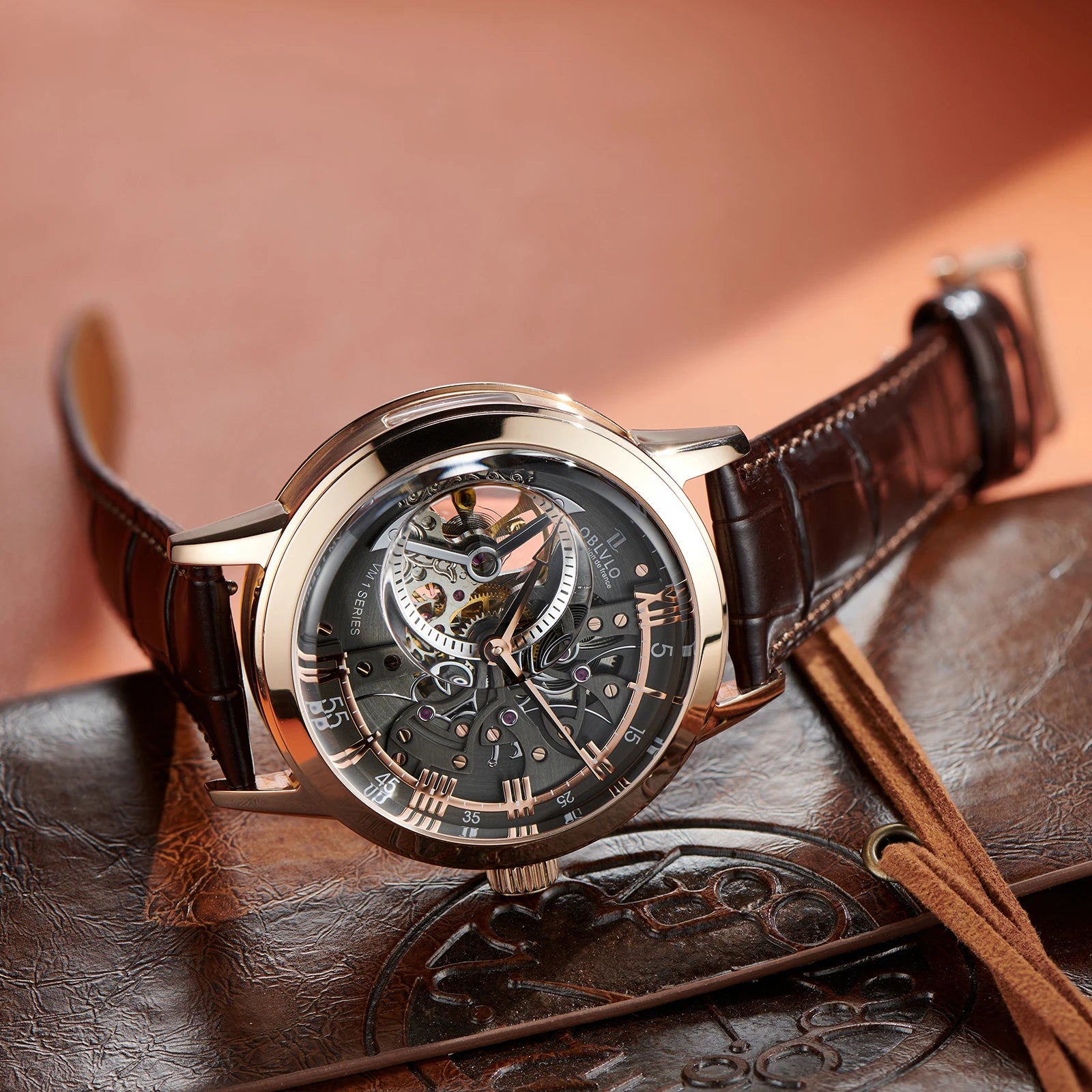 Montre Homme Automatique Squelette Rétro Cuir Veau Oblvlo VM 45mm – CLEVI Paris