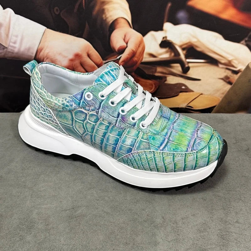 Sneakers Cuir Croco Bleu Peint Main Lacets Homme – CLEVI Paris