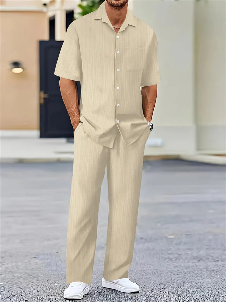 Ensemble 2 Pièces Homme Chemise Imprimée 3D Col Cranté + Pantalon Casual Voyage – 26 Motifs, S à 2XL – CLEVI Paris