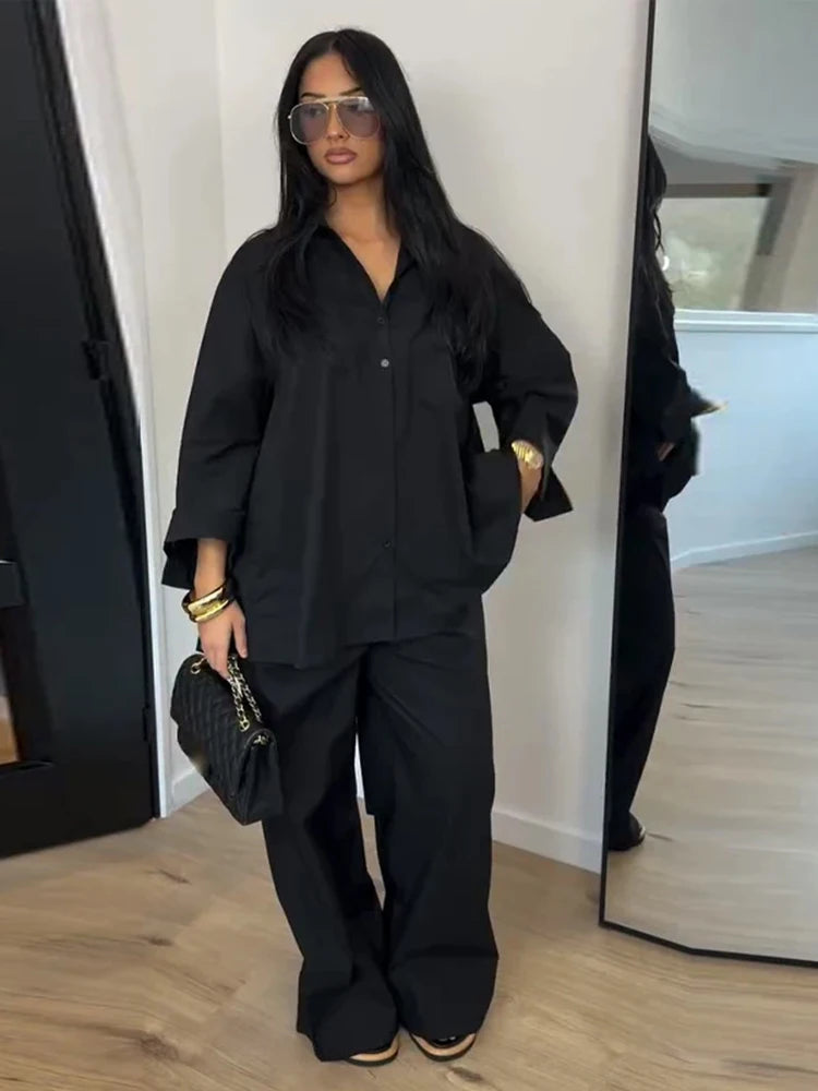 Ensemble femme blouse à revers et pantalon – CLEVI Paris