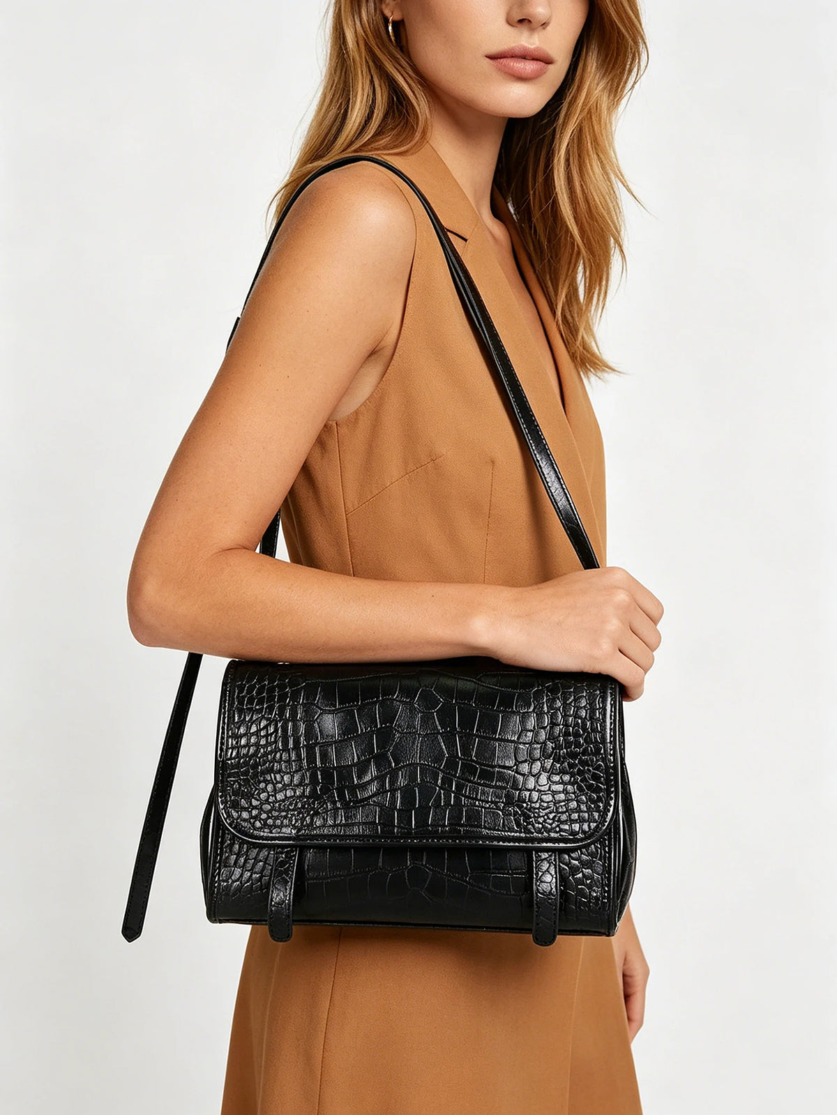 Sac Box Cuir Vache Ciré Motif Crocodile Femme Épaule – CLEVI Paris