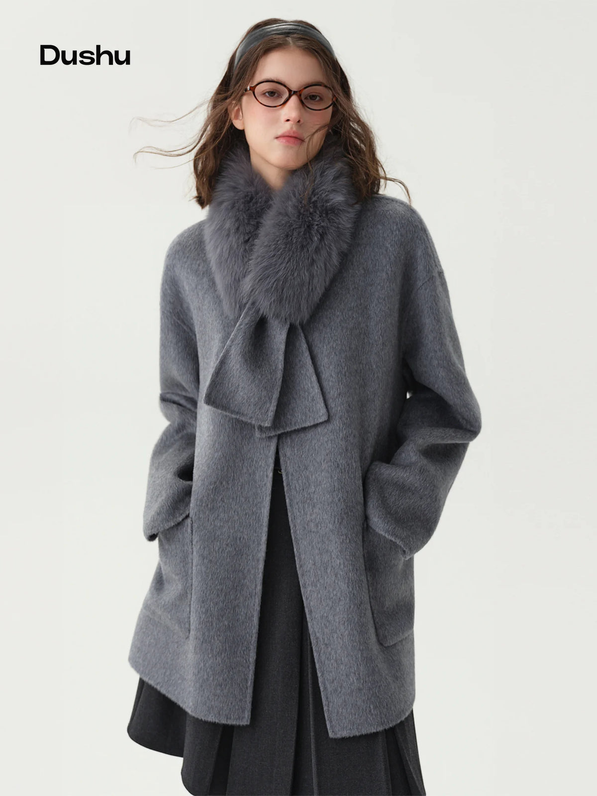 Manteau DUSHU laine et col renard – CLEVI Paris