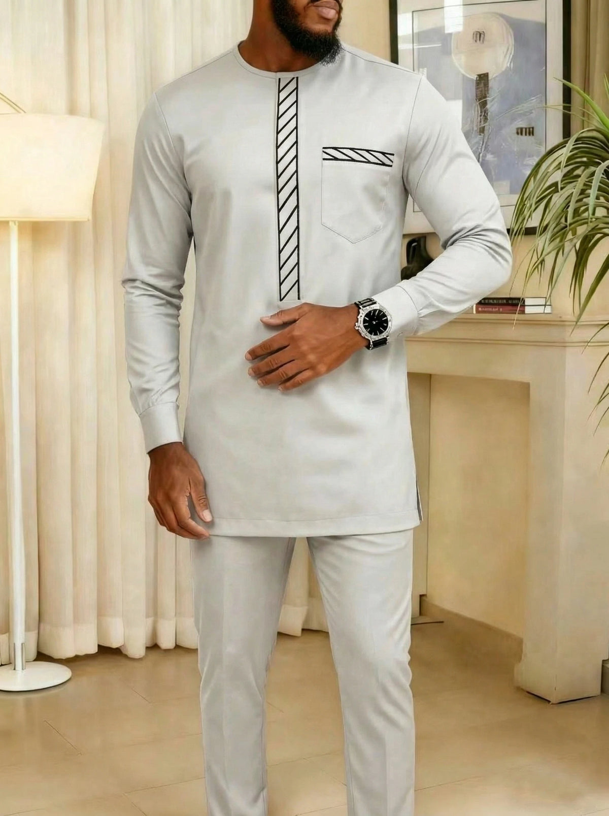 Kaftan Agbada Homme Style Africain 2 Pièces Veste Manches Longues + Pantalon Mariage Cérémonie S-XXL – CLEVI Paris