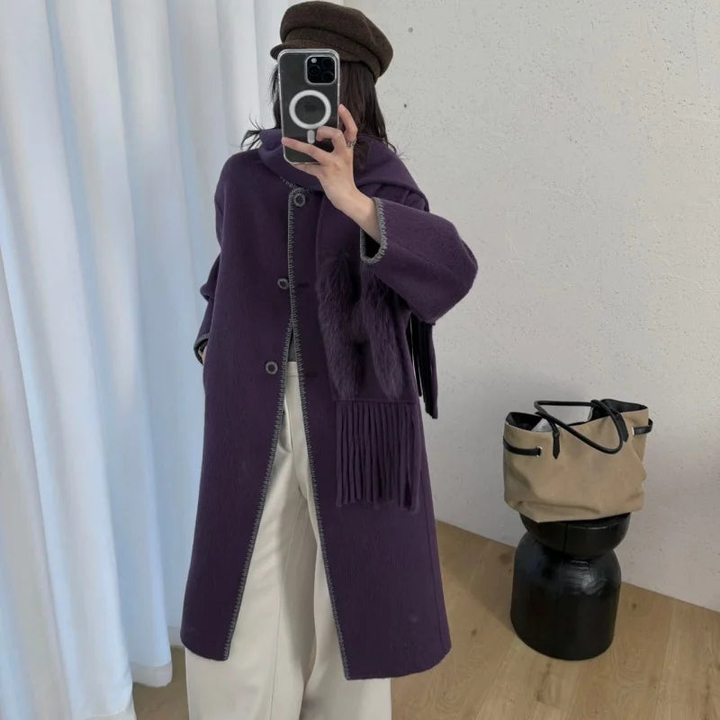 Manteau long en laine à col écharpe femme – CLEVI Paris