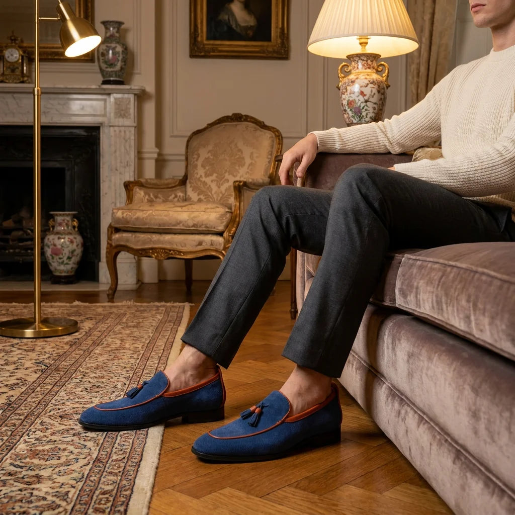 Penny Loafers Cuir Vachette Homme Bleu Fait Main – CLEVI Paris