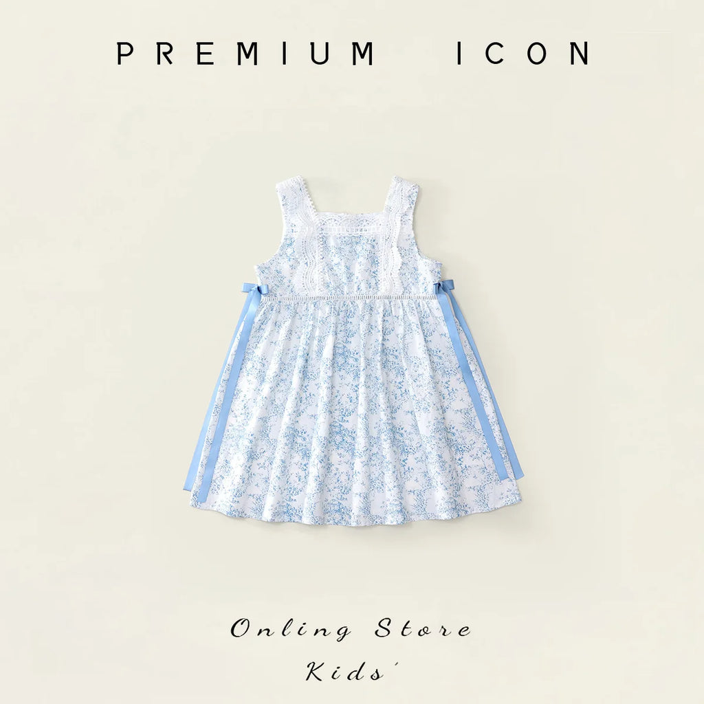 Robe fille bleue fleurie avec nœud – CLEVI Paris