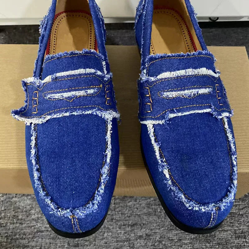 Mocassins Homme Denim Bleu Bout Pointu Glands Slip-On – CLEVI Paris