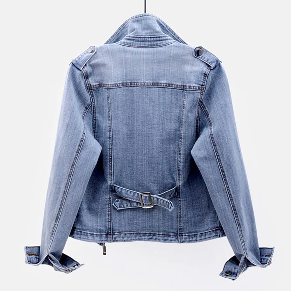 Veste biker en jean femme à col revers – CLEVI Paris
