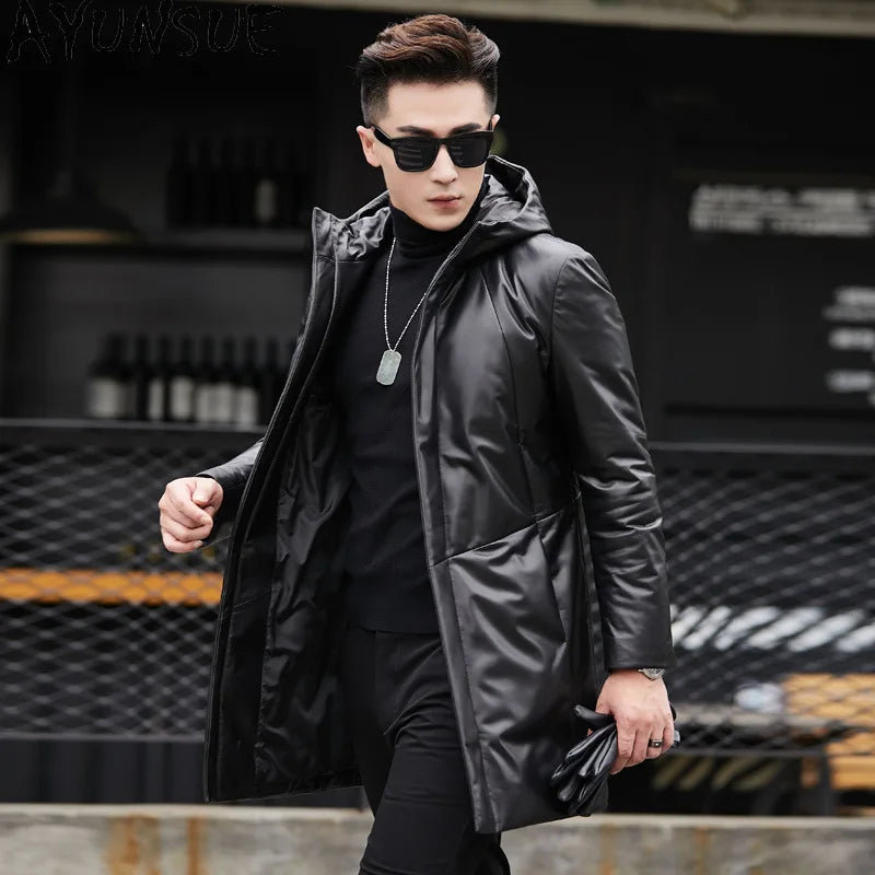 Manteau mi-long homme en cuir à capuche – CLEVI Paris