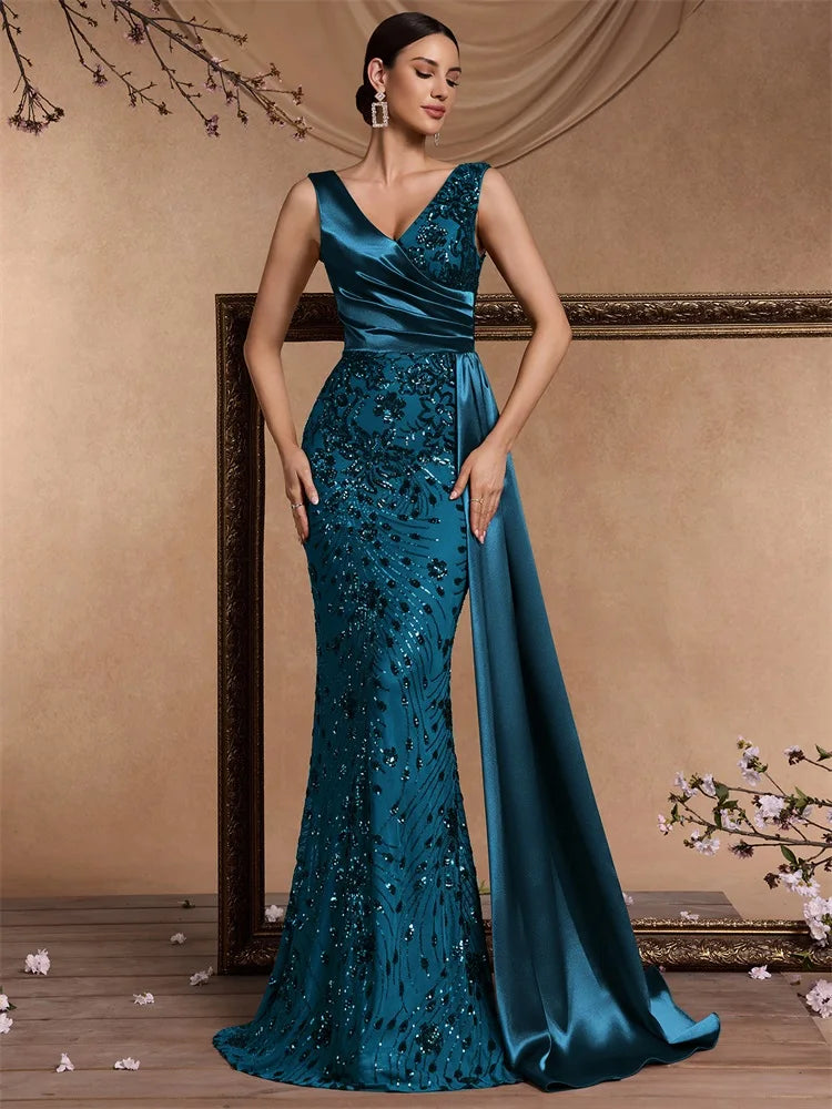 Robe sirène à paillettes avec col V – CLEVI Paris