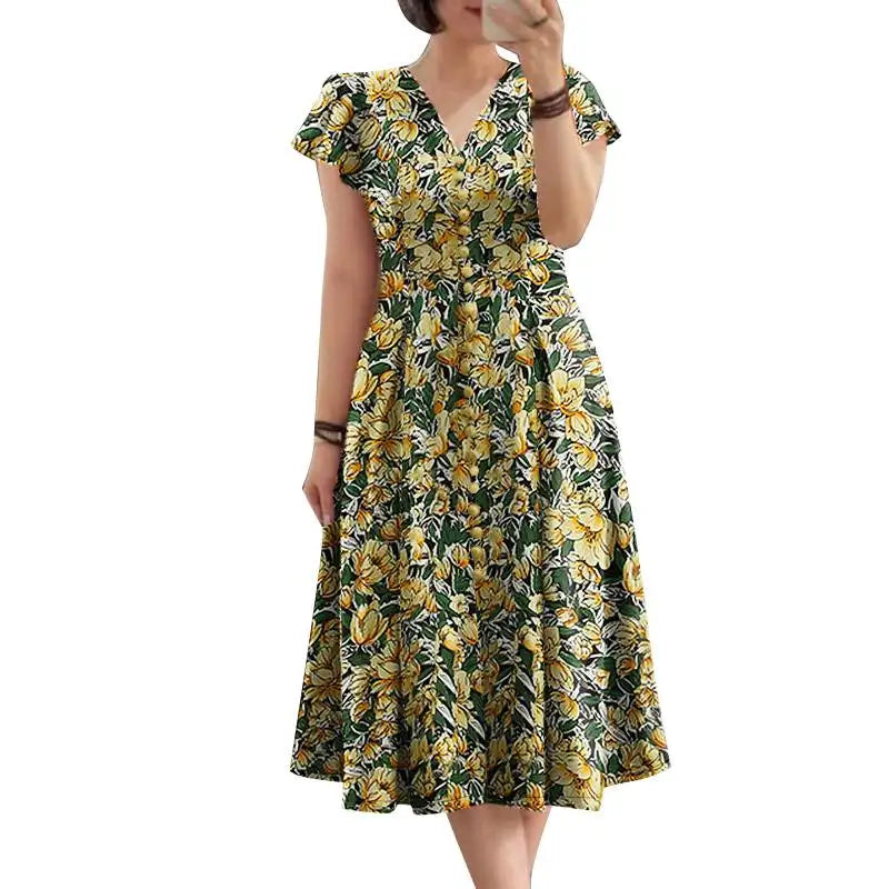 Robe Femme Col V Imprimé Floral Manches Papillon Volants Bohème Mi-Mollet – CLEVI Paris