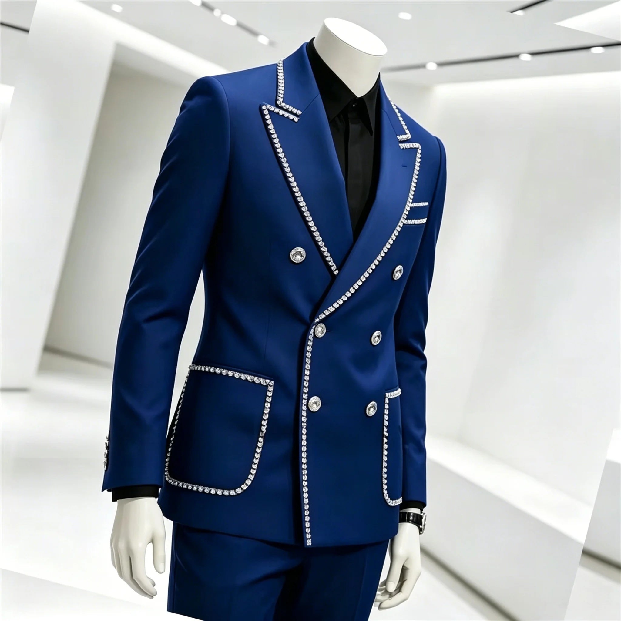 Costume Homme 2 Pièces Smoking Luxe Bleu Royal Cristaux Revers Pointu Double Boutonnage Mariage XS-6XL – CLEVI Paris